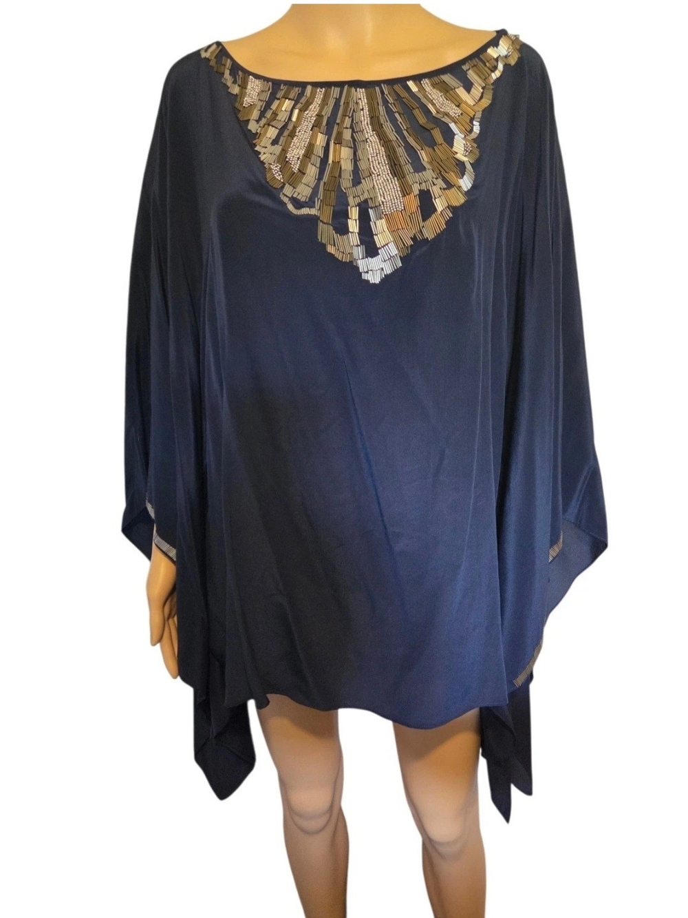 Chico's Navy Poncho Tunic with Metallic Embellished Neck/Chest 100% Silk Sz M/L